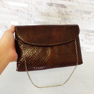Vintage Harry Levine Bag Leather Snakeskin Brown Clutch Evening Purse Gold Chain